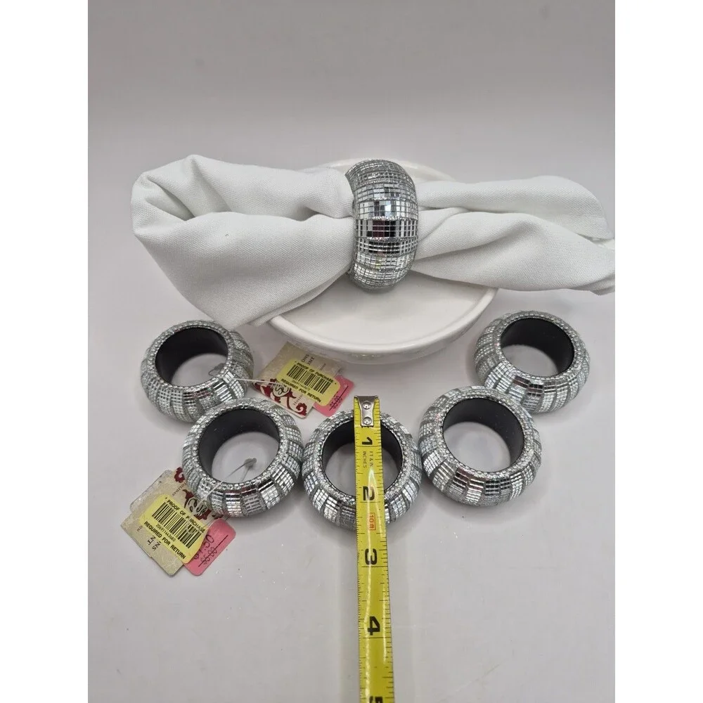 Silver Napkin Rings ( Set Of 6) Elegant Round Mirrored 2”x1”